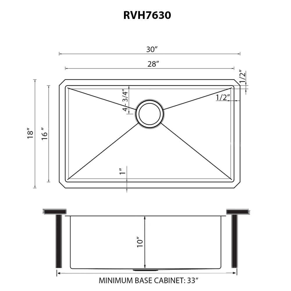 Dimensions Image for Ruvati Gravena Hex Hex Bottom 30-inch Scratch Resistant Embossed Texture Kitchen Sink Stainless Steel, 16, RVH7630