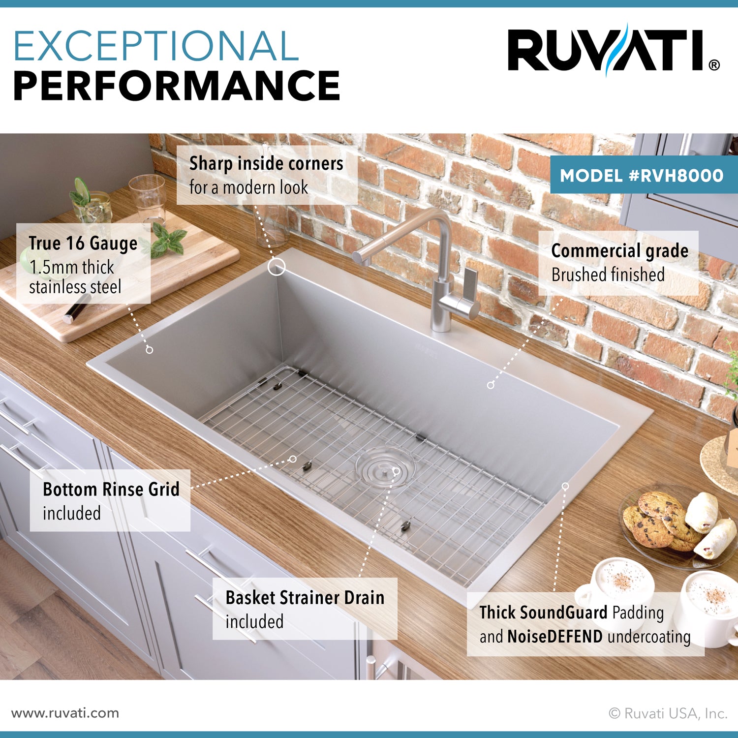 Alternative View of Ruvati Tirana 33" Drop-in Topmount Stainless Steel Kitchen Sink, 16 Gauge, Zero Radius, RVH8000