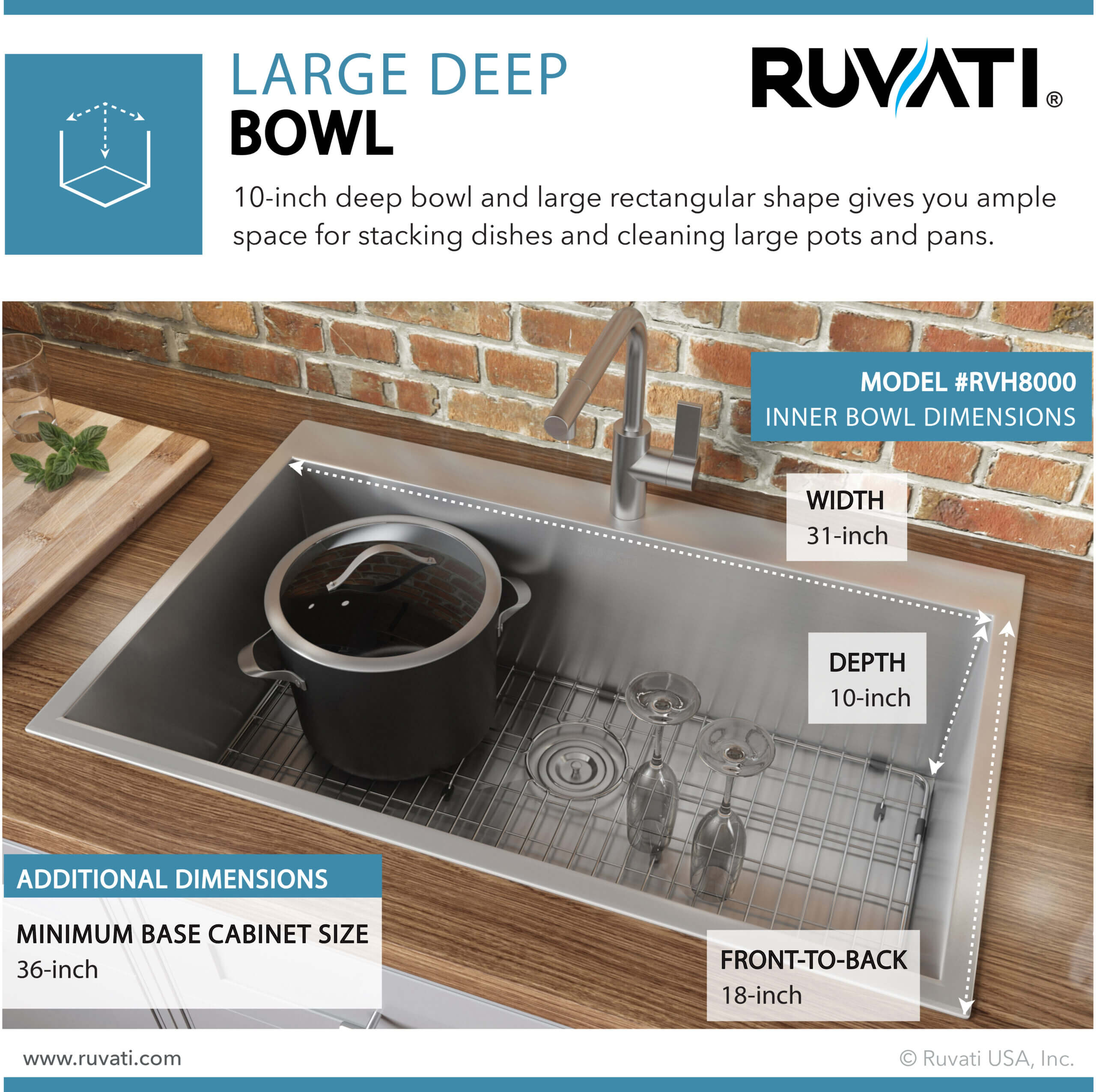 Alternative View of Ruvati Tirana 33" Drop-in Topmount Stainless Steel Kitchen Sink, 16 Gauge, Zero Radius, RVH8000
