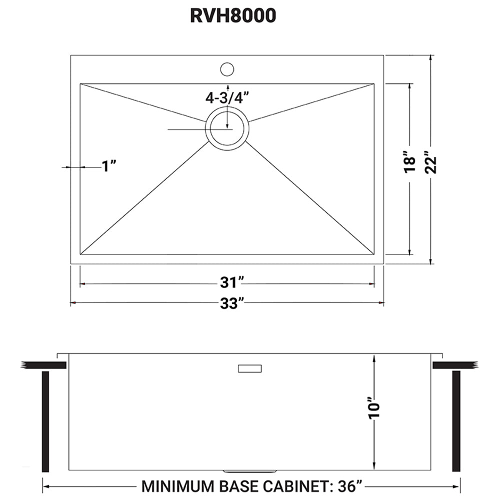 Dimensions Image for Ruvati Tirana 33" Drop-in Topmount Stainless Steel Kitchen Sink, 16 Gauge, Zero Radius, RVH8000