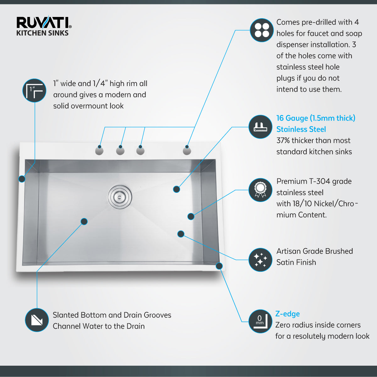 Alternative View of Ruvati Tirana 33" Drop-in Topmount Stainless Steel Kitchen Sink, 16 Gauge, Zero Radius, RVH8001