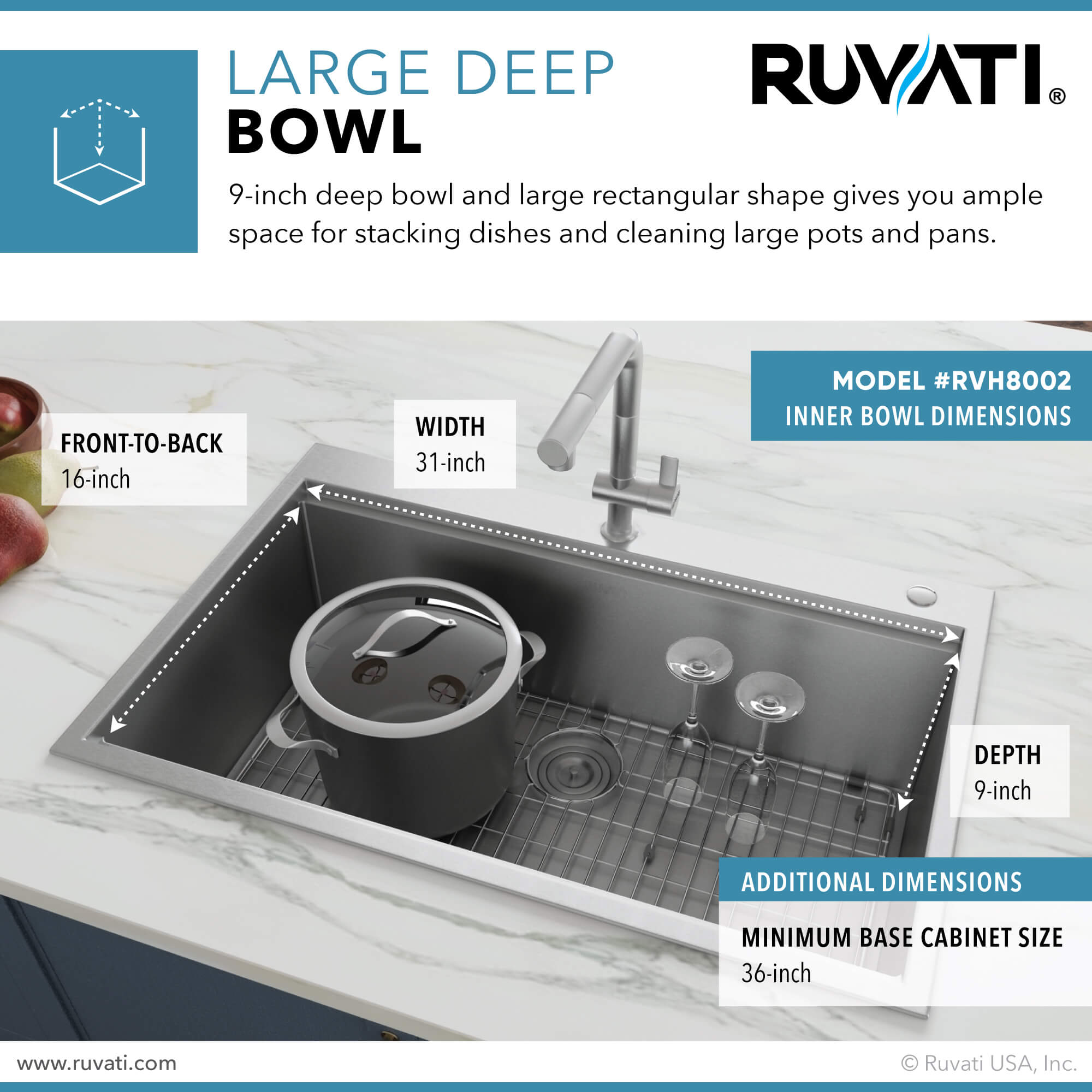 Alternative View of Ruvati Siena 33" Drop In Stainless Steel Workstation Kitchen Sink, 16 Gauge, RVH8002