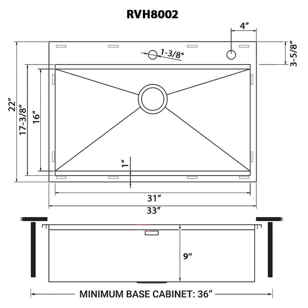 Dimensions Image for Ruvati Siena 33" Drop In Stainless Steel Workstation Kitchen Sink, 16 Gauge, RVH8002