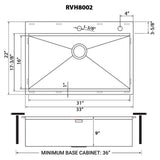 Dimensions for Ruvati Siena 33" Drop In Stainless Steel Workstation Kitchen Sink, 16 Gauge, RVH8002