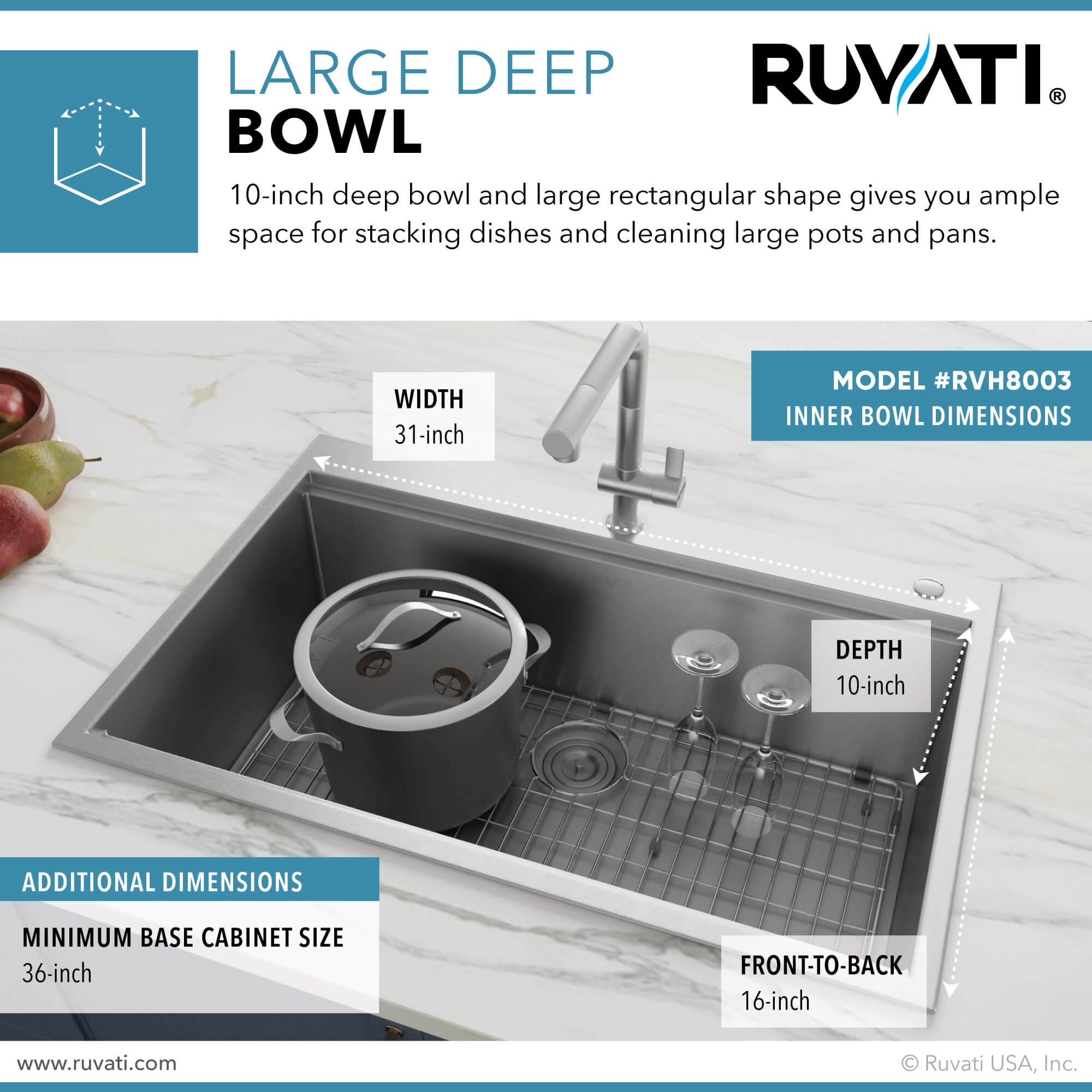 Alternative View of Ruvati Siena 33" Stainless Steel Workstation Kitchen Sink, 16 Gauge, Rounded Corners, RVH8003