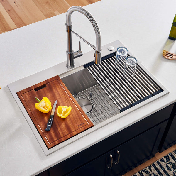 Main Image of Ruvati Siena 33" Stainless Steel Workstation Kitchen Sink, 16 Gauge, Rounded Corners, RVH8003