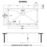 Dimensions for Ruvati Siena 33" Stainless Steel Workstation Kitchen Sink, 16 Gauge, Rounded Corners, RVH8003