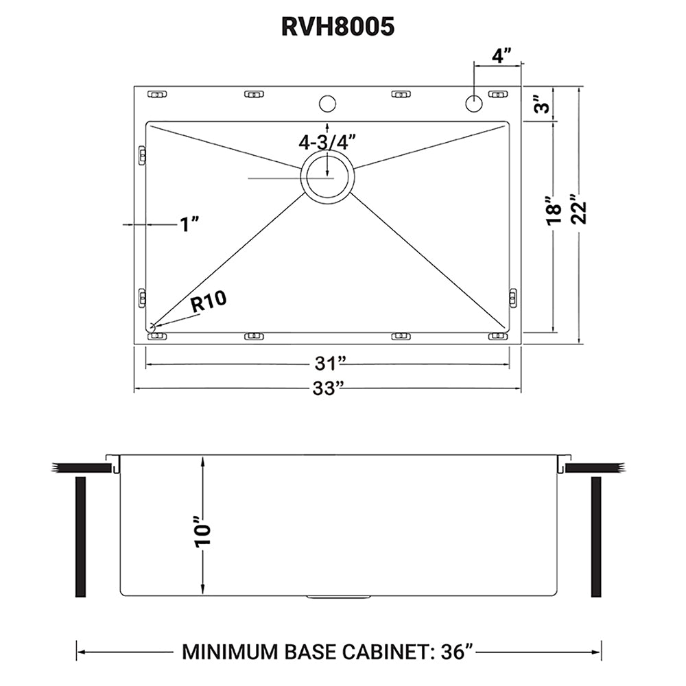 Dimensions Image for Ruvati Tirana Pro 33" Stainless Steel Kitchen Sink, 16 Gauge, Rounded Corners, RVH8005