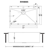Dimensions for Ruvati Tirana Pro 33" Stainless Steel Kitchen Sink, 16 Gauge, Rounded Corners, RVH8005