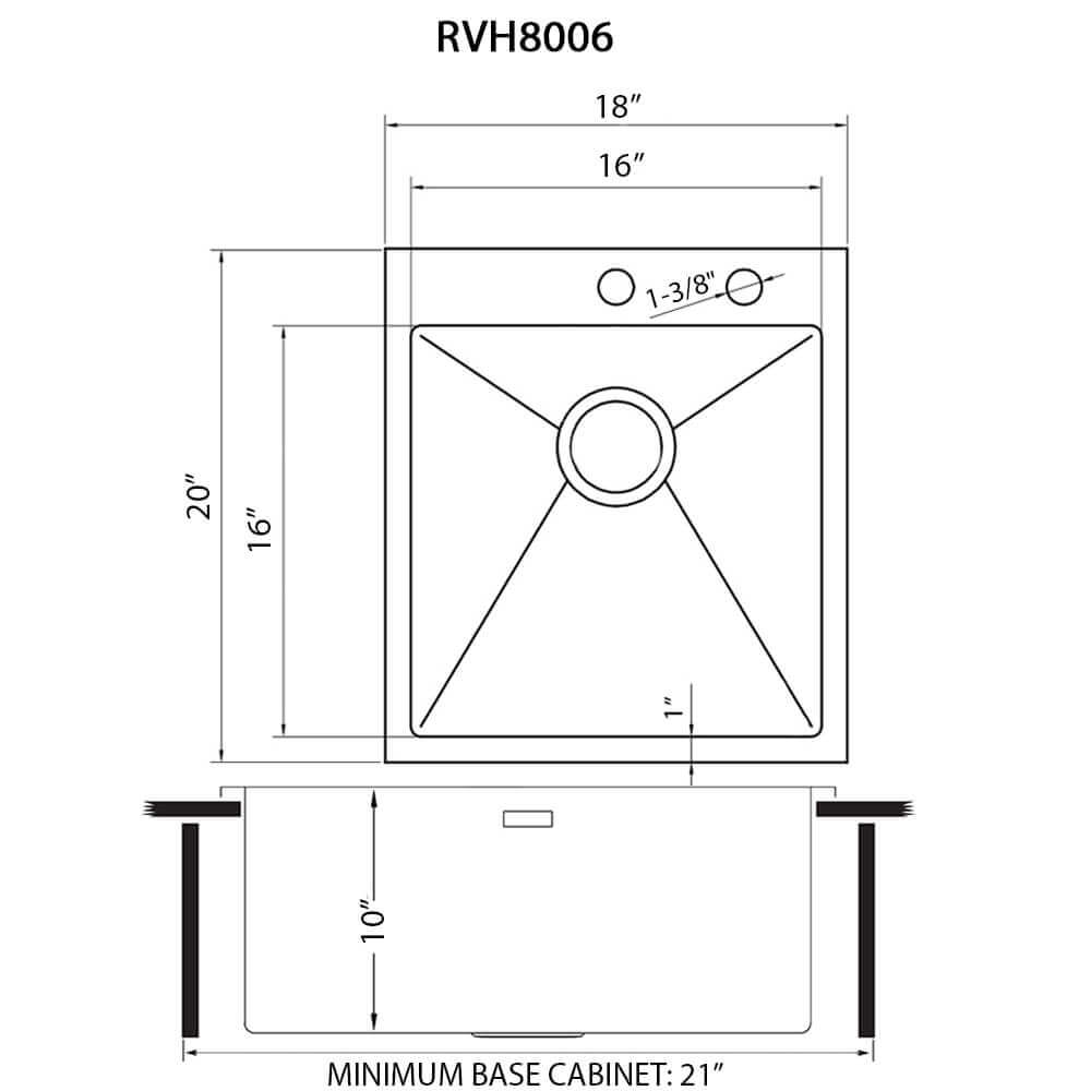Dimensions Image for Ruvati Tirana Pro 18" Drop-in Topmount Stainless Steel Bar/Prep Sink, 16 Gauge, RVH8006