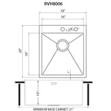 Dimensions for Ruvati Tirana Pro 18" Drop-in Topmount Stainless Steel Bar/Prep Sink, 16 Gauge, RVH8006