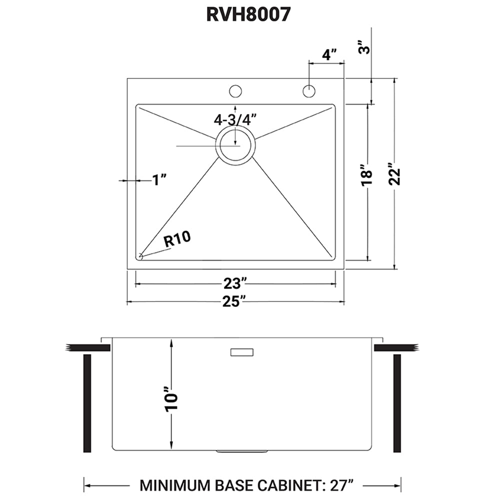 Dimensions Image for Ruvati Tirana Pro 25" Stainless Steel Kitchen Sink, 16 Gauge, Rounded Corners, RVH8007