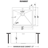 Dimensions for Ruvati Tirana Pro 25" Stainless Steel Kitchen Sink, 16 Gauge, Rounded Corners, RVH8007