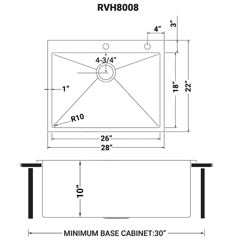 Dimensions Image for Ruvati Tirana Pro 28" Stainless Steel Kitchen Sink, 16 Gauge, Rounded Corners, RVH8008
