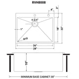Dimensions for Ruvati Tirana Pro 28" Stainless Steel Kitchen Sink, 16 Gauge, Rounded Corners, RVH8008