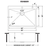 Dimensions for Ruvati Tirana Pro 30" Stainless Steel Kitchen Sink, 16 Gauge, Rounded Corners, RVH8009