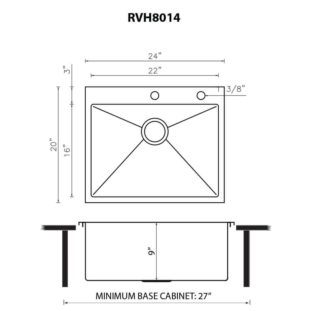 Dimensions Image for Ruvati Tirana Pro 24 x 20 inch Drop-in 16 Gauge Stainless Steel Rounded Corners Topmount Kitchen Sink Single Bowl, 16, RVH8014