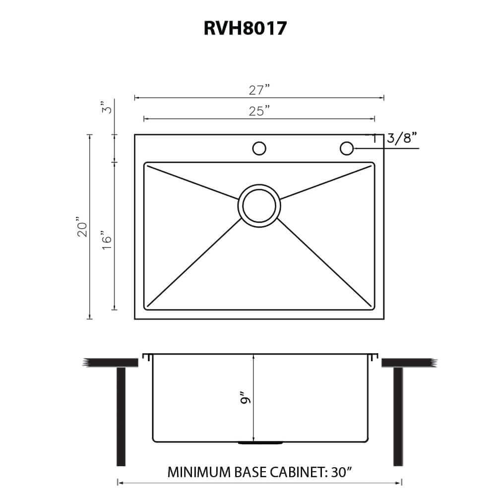 Dimensions Image for Ruvati Tirana Pro 27 x 20 inch Drop-in 16 Gauge Stainless Steel Rounded Corners Topmount Kitchen Sink Single Bowl, 16, RVH8017