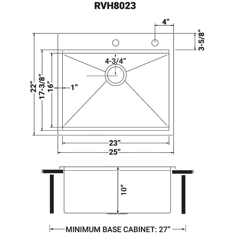 Dimensions Image for Ruvati Siena 25" Stainless Steel Workstation Kitchen Sink, 16 Gauge, Rounded Corners, RVH8023