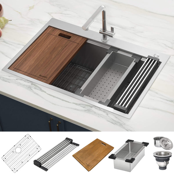 Main Image of Ruvati Siena 30" Stainless Steel Workstation Kitchen Sink, 16 Gauge, Rounded Corners, RVH8030