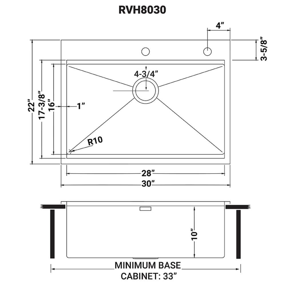 Dimensions Image for Ruvati Siena 30" Stainless Steel Workstation Kitchen Sink, 16 Gauge, Rounded Corners, RVH8030