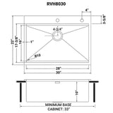 Dimensions for Ruvati Siena 30" Stainless Steel Workstation Kitchen Sink, 16 Gauge, Rounded Corners, RVH8030