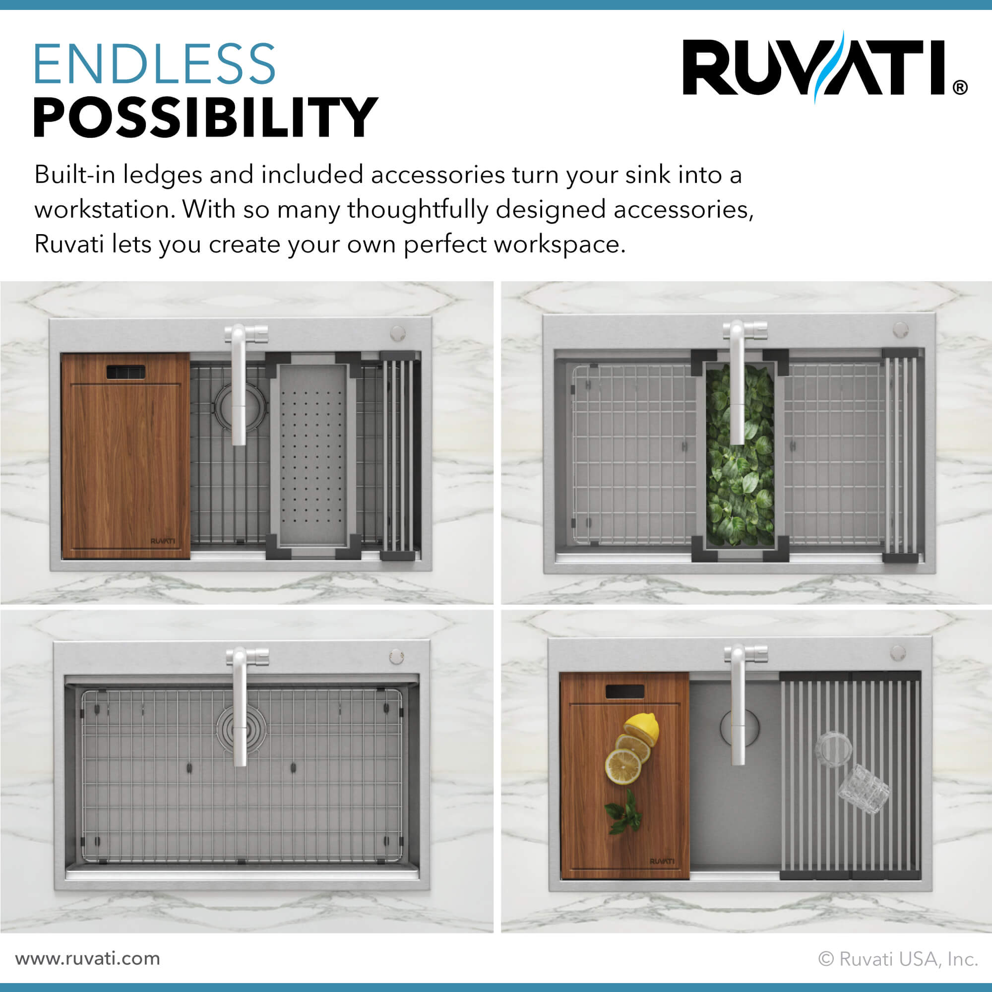 Alternative View of Ruvati Siena 33" Stainless Steel Workstation Kitchen Sink, 60/40 Double Bowl, 16 Gauge, Rounded Corners, RVH8035