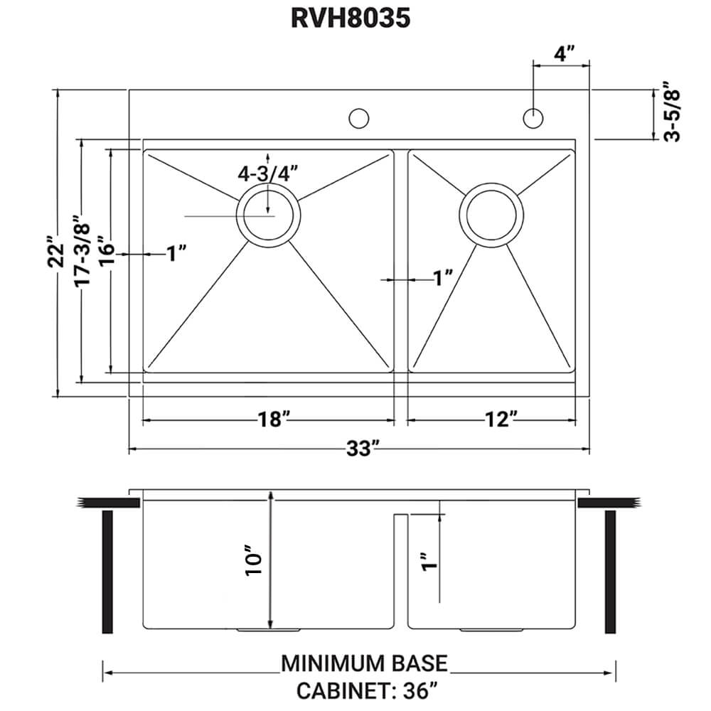 Dimensions Image for Ruvati Siena 33" Stainless Steel Workstation Kitchen Sink, 60/40 Double Bowl, 16 Gauge, Rounded Corners, RVH8035
