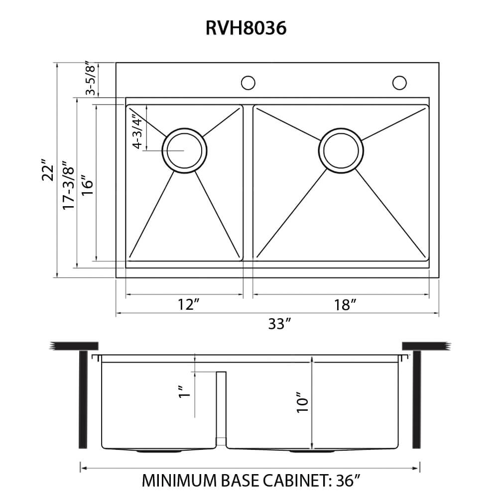 Dimensions Image for Ruvati Siena 33" Stainless Steel Workstation Kitchen Sink, 40/60 Double Bowl, 16 Gauge, Rounded Corners, RVH8036