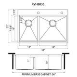 Dimensions for Ruvati Siena 33" Stainless Steel Workstation Kitchen Sink, 40/60 Double Bowl, 16 Gauge, Rounded Corners, RVH8036