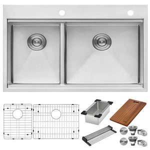 Alternate Image for Ruvati Siena 33" Stainless Steel Workstation Kitchen Sink, 40/60 Double Bowl, 16 Gauge, Rounded Corners, RVH8036