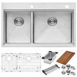 Main Image of Ruvati Siena 33" Stainless Steel Workstation Kitchen Sink, 40/60 Double Bowl, 16 Gauge, Rounded Corners, RVH8036