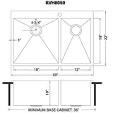 Dimensions for Ruvati Tirana 33" Drop In Stainless Steel Kitchen Sink, 60/40 Double Bowl, 16 Gauge, Zero Radius, RVH8050