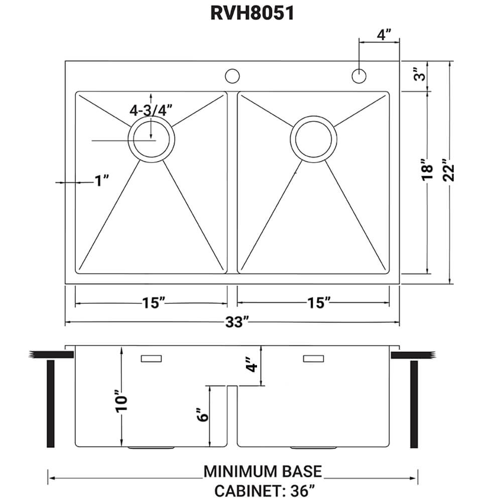 Dimensions Image for Ruvati Tirana Pro 33" Stainless Steel Kitchen Sink, 50/50 Double Bowl, 16 Gauge, Rounded Corners, RVH8051