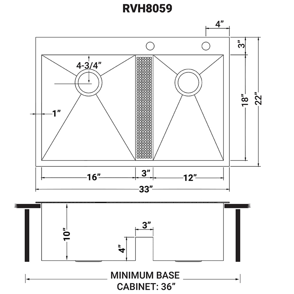 Dimensions Image for Ruvati Tirana 33" Drop In Stainless Steel Kitchen Sink, 60/40 Double Bowl, 16 Gauge, Zero Radius, RVH8059