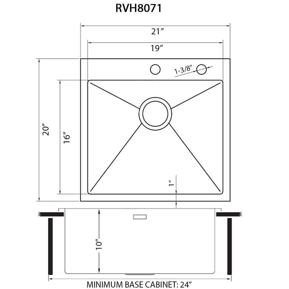 Dimensions Image for Ruvati Tirana Pro 21" Drop-in Topmount Stainless Steel Bar/Prep Sink, 16 Gauge, RVH8071