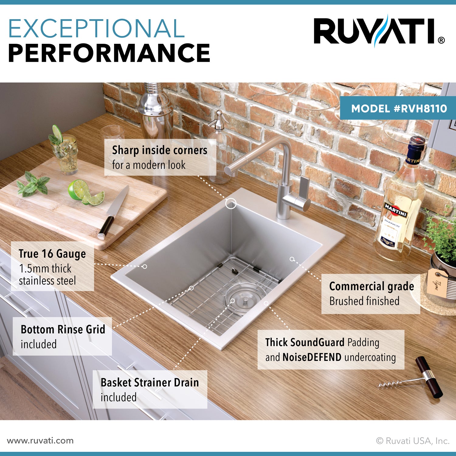 Alternative View of Ruvati Tirana 15" Rectangle Stainless Steel Bar/Prep Sink, 16 Gauge, RVH8110