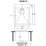 Dimensions Image for Ruvati Terraza 15 x 20 inch Gunmetal Black Stainless Steel Drop-in Topmount Bar Prep Sink Single Bowl, 16, RVH8110BL