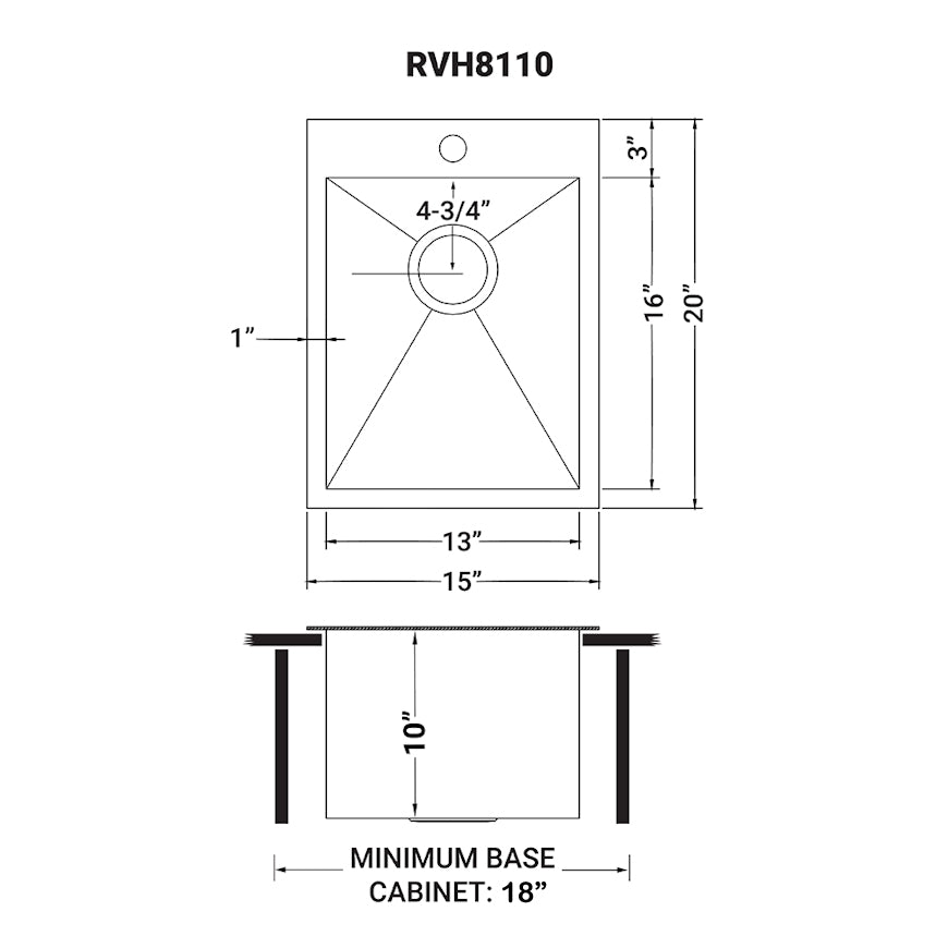 Dimensions Image for Ruvati Tirana 15" Rectangle Stainless Steel Bar/Prep Sink, 16 Gauge, RVH8110