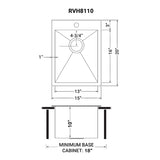 Dimensions for Ruvati Tirana 15" Rectangle Stainless Steel Bar/Prep Sink, 16 Gauge, RVH8110