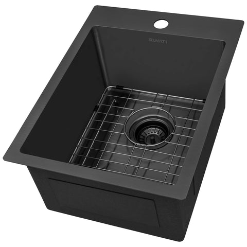 Main Image of Ruvati Terraza 15 x 20 inch Gunmetal Black Stainless Steel Drop-in Topmount Bar Prep Sink Single Bowl, 16, RVH8110BL