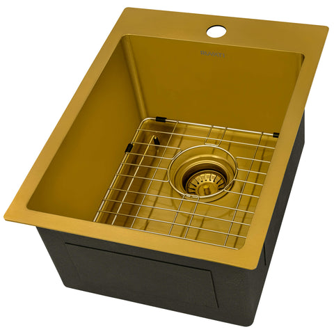 Main Image of Ruvati Terraza 15 x 20 inch Polished Brass Matte Gold Stainless Steel Drop-in Topmount Bar Prep Sink Single Bowl, 16, Matte Gold Satin Brass, RVH8110GG