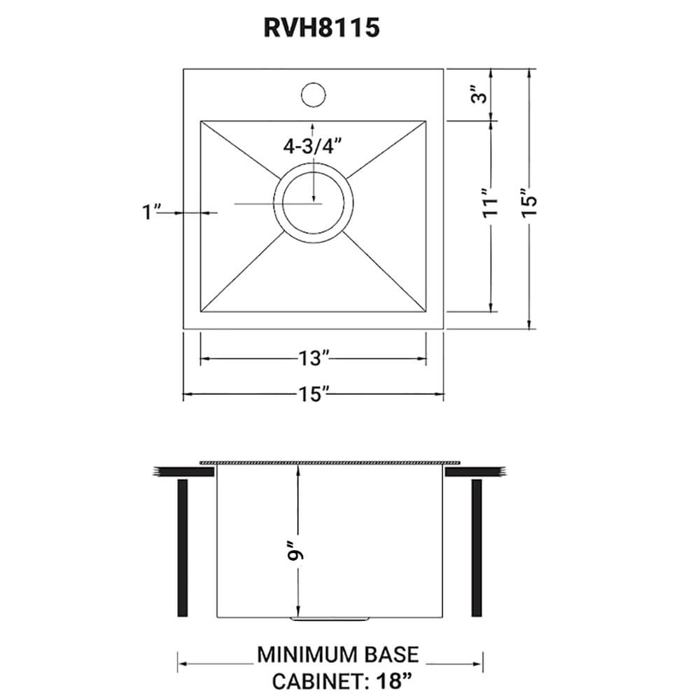 Dimensions Image for Ruvati Terraza 15 inch Gunmetal Black Stainless Steel Drop-in Topmount Bar Prep Sink Single Bowl, 16, RVH8115BL