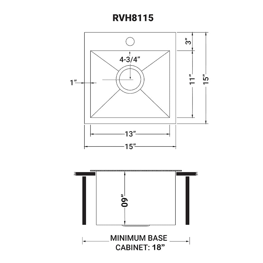Dimensions Image for Ruvati Tirana 15" Square Stainless Steel Bar/Prep Sink, 16 Gauge, RVH8115