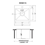 Dimensions Image for Ruvati Tirana 15" Square Stainless Steel Bar/Prep Sink, 16 Gauge, RVH8115