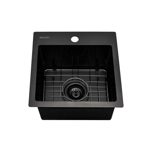 Main Image of Ruvati Terraza 15 inch Gunmetal Black Stainless Steel Drop-in Topmount Bar Prep Sink Single Bowl, 16, RVH8115BL