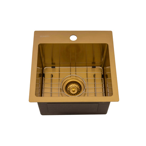 Ruvati Terraza 15 inch Polished Brass Matte Gold Stainless Steel Drop-in Topmount Bar Prep Sink Single Bowl, 16, Matte Gold Satin Brass, RVH8115GG