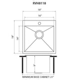 Dimensions for Ruvati Tirana 18" Square Stainless Steel Bar/Prep Sink, 16 Gauge, RVH8118