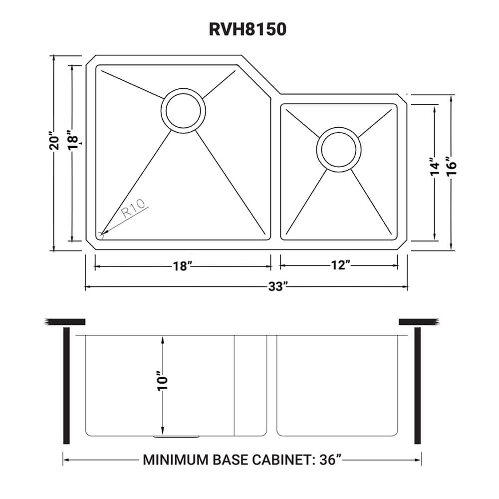 Dimensions Image for Ruvati Gravena 33" Undermount Stainless Steel Kitchen Sink, 60/40 Double Bowl, 16 Gauge, RVH8150