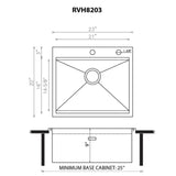 Dimensions Image for Ruvati Vino 23 x 20 inch RV Workstation Drop-in Topmount Bar Prep Kitchen Sink 16 Gauge Stainless Steel, 16, RVH8203